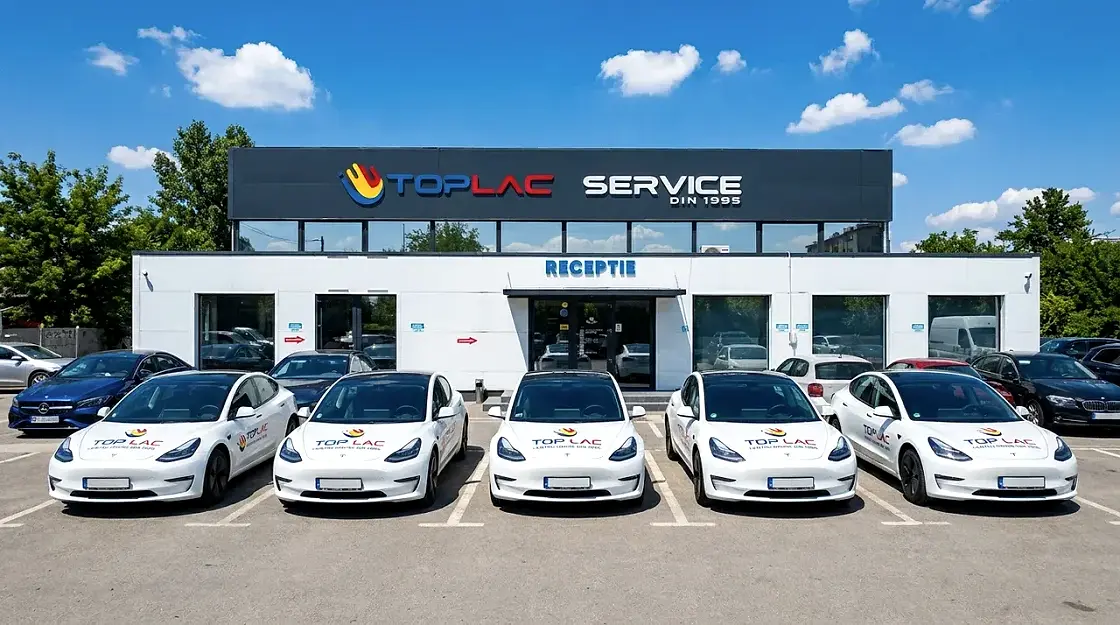 Sediul Top Lac Service din București, cu mașini la schimb în parcare
